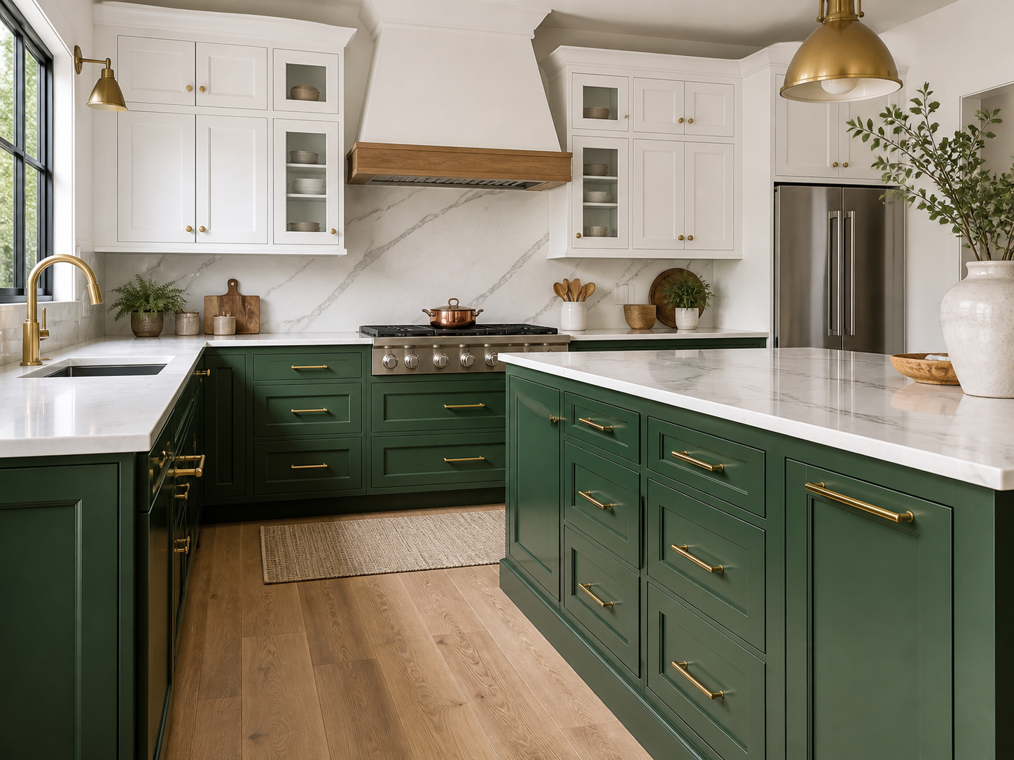 Professionally refinished green and white kitchen cabinets